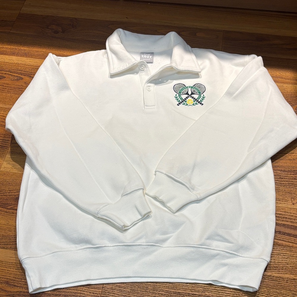 TNA Cozy Boyfriend Fleece Tennis Polo Sweatshirt